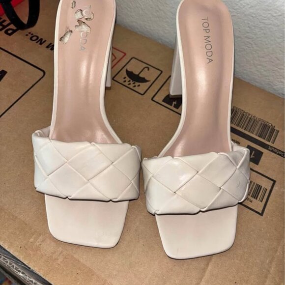 This is a pair of white square-toe flat sandals from the brand "TOP MODA". - Picture 1 of 5